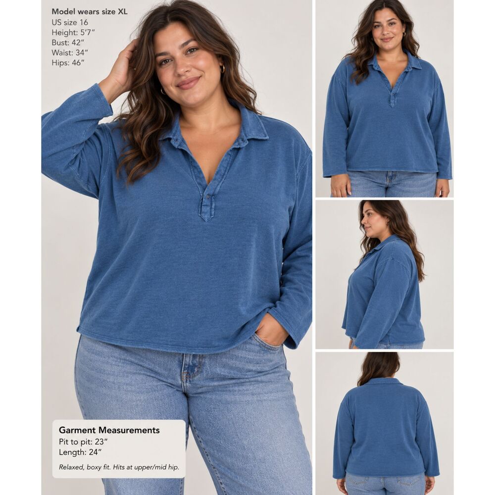Wonderly Womens XL Blue Long Sleeve Popover Polo Top Johnny Collar Raw Hem